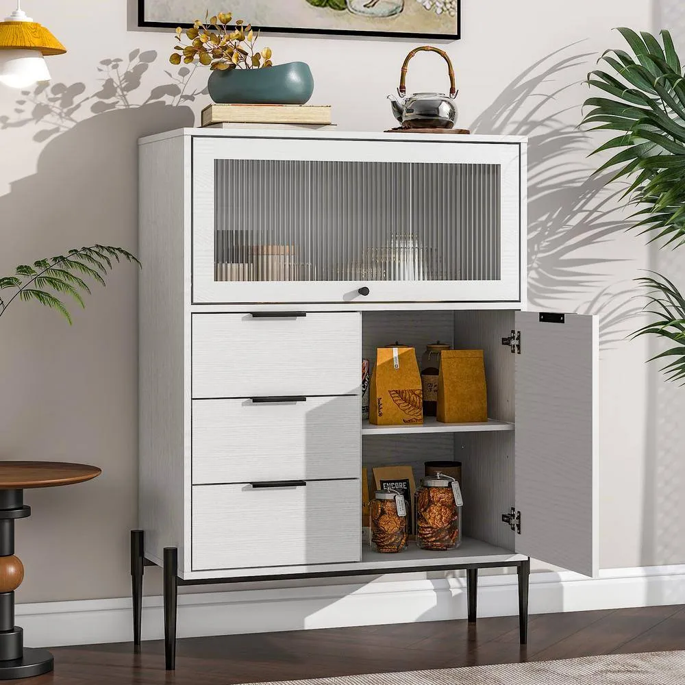 FUNKOL 33.46 in. x 15.74 in. x 47.2 in. White Particleboard Ready to Assemble Kitchen Cabinet w/1 Glass Door 3-Drawers & 1-Door, photo 2 of 6