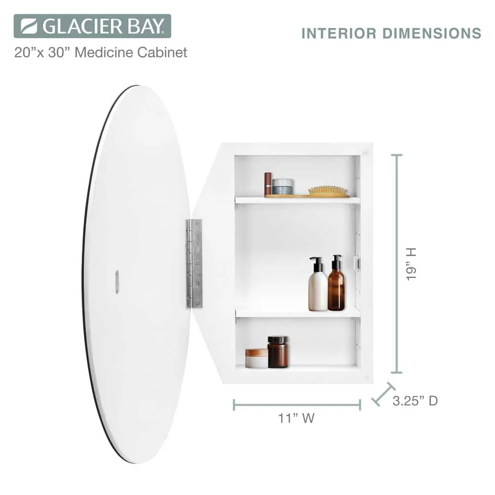 Glacier Bay 20 in. x 30 in. Frameless Recessed or Surface-Mount Bathroom Medicine Cabinet with Beveled Mirror, White, photo 3 of 10