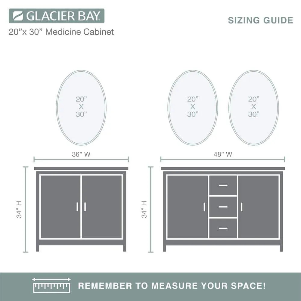 Glacier Bay 20 in. x 30 in. Frameless Recessed or Surface-Mount Bathroom Medicine Cabinet with Beveled Mirror, White, photo 10 of 10