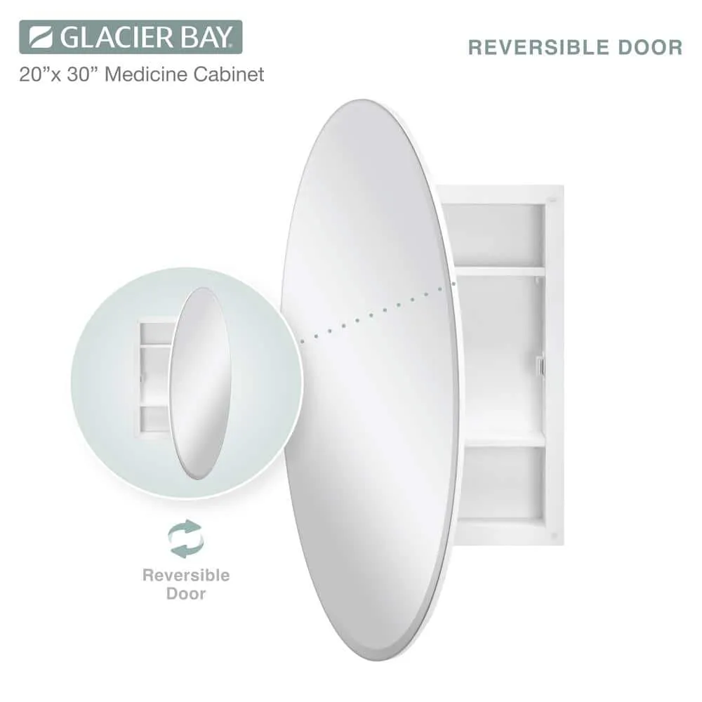 Glacier Bay 20 in. x 30 in. Frameless Recessed or Surface-Mount Bathroom Medicine Cabinet with Beveled Mirror, White, photo 6 of 10
