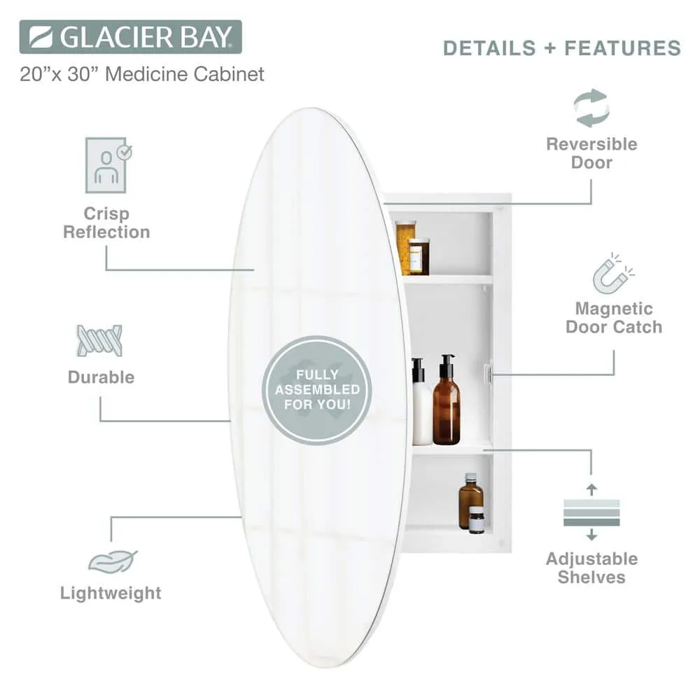 Glacier Bay 20 in. x 30 in. Frameless Recessed or Surface-Mount Bathroom Medicine Cabinet with Beveled Mirror, White, photo 4 of 10