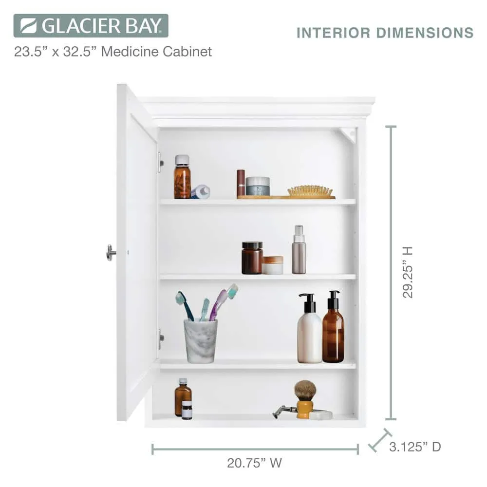 Glacier Bay 23-1/2 in. W x 32-1/2 in. H Framed Surface-Mount Bathroom Medicine Cabinet with Mirror, White, photo 3 of 11