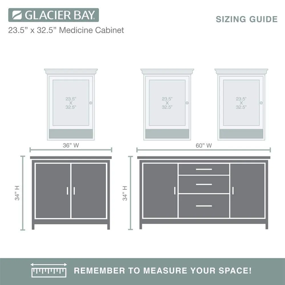 Glacier Bay 23-1/2 in. W x 32-1/2 in. H Framed Surface-Mount Bathroom Medicine Cabinet with Mirror, White, photo 11 of 11