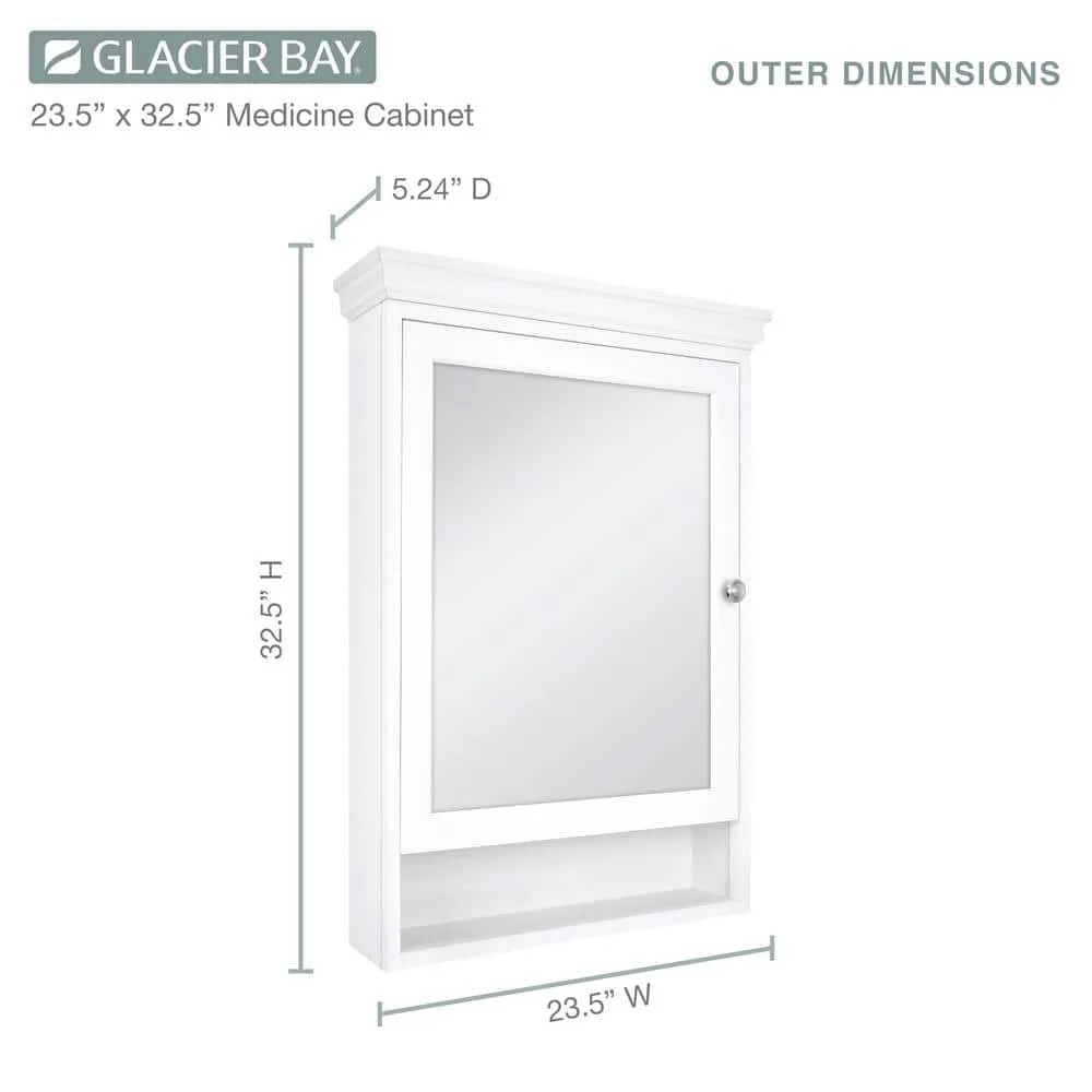 Glacier Bay 23-1/2 in. W x 32-1/2 in. H Framed Surface-Mount Bathroom Medicine Cabinet with Mirror, White, photo 9 of 11