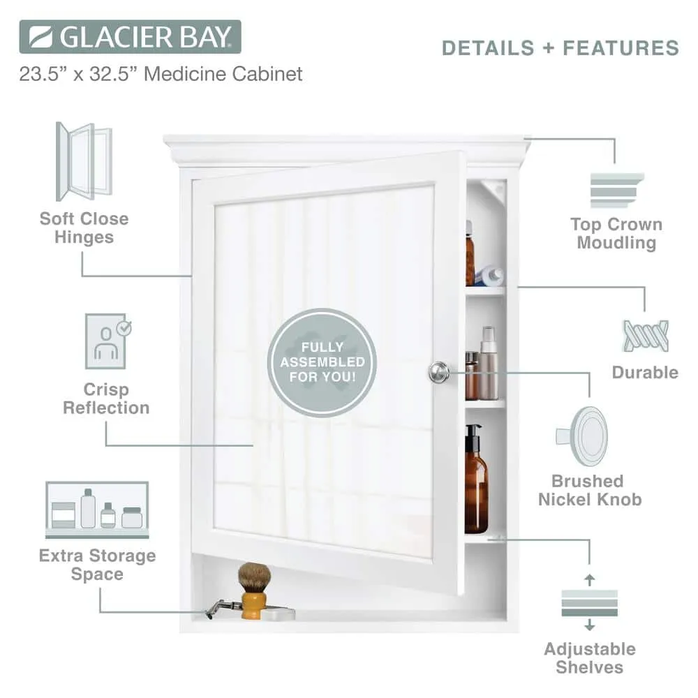 Glacier Bay 23-1/2 in. W x 32-1/2 in. H Framed Surface-Mount Bathroom Medicine Cabinet with Mirror, White, photo 4 of 11