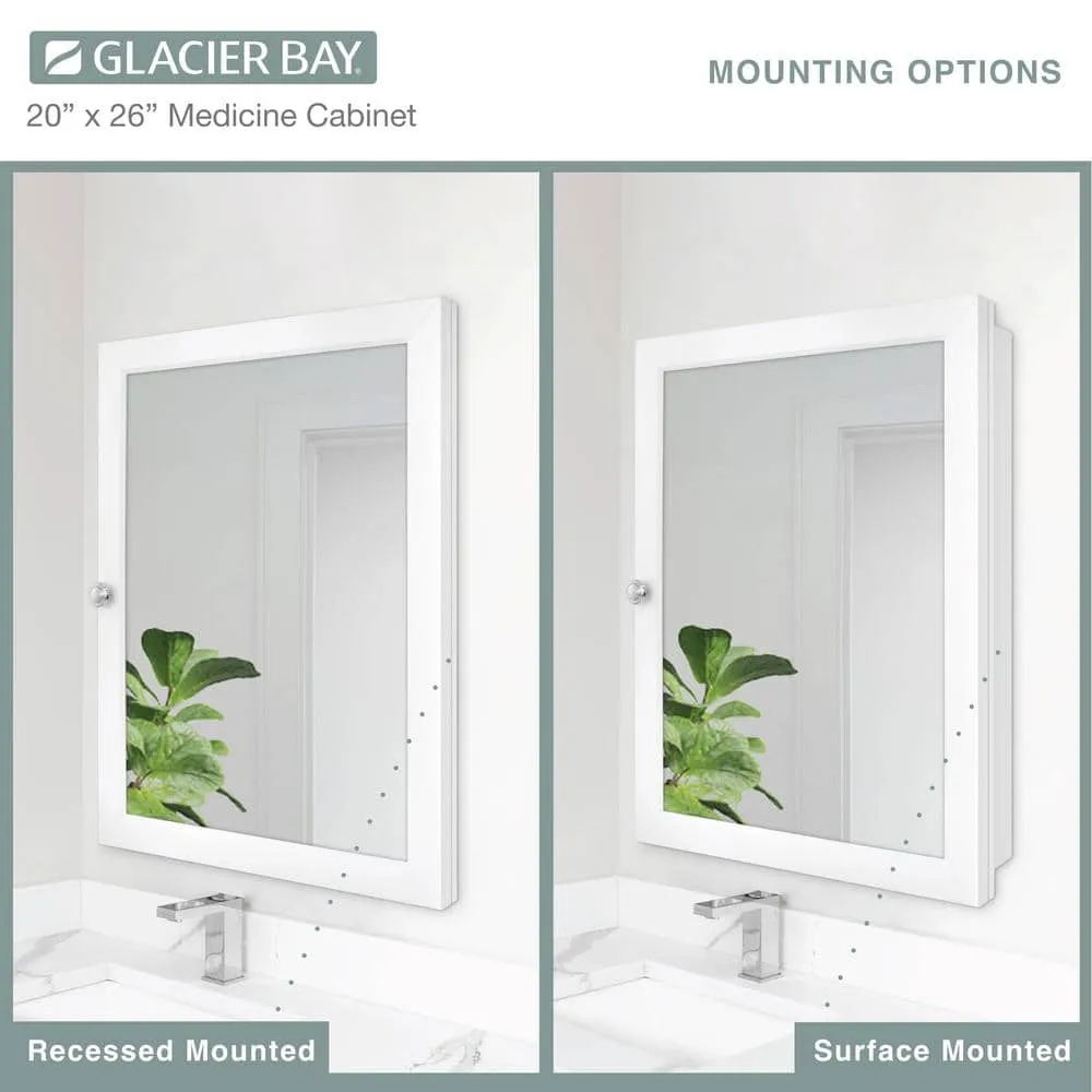 Glacier Bay 20 in. W x 26 in. H Rectangular Framed Recessed or Surface-Mount Bathroom Medicine Cabinet with Mirror, White, photo 5 of 11