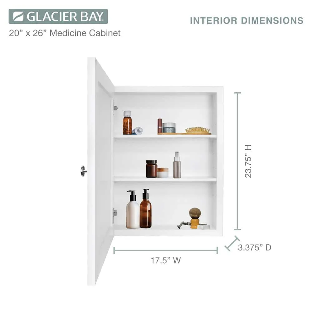 Glacier Bay 20 in. W x 26 in. H Rectangular Framed Recessed or Surface-Mount Bathroom Medicine Cabinet with Mirror, White, photo 3 of 11