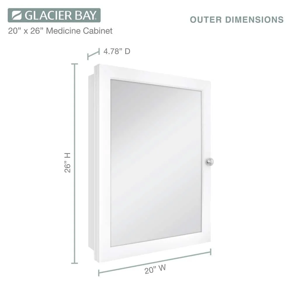 Glacier Bay 20 in. W x 26 in. H Rectangular Framed Recessed or Surface-Mount Bathroom Medicine Cabinet with Mirror, White, photo 9 of 11