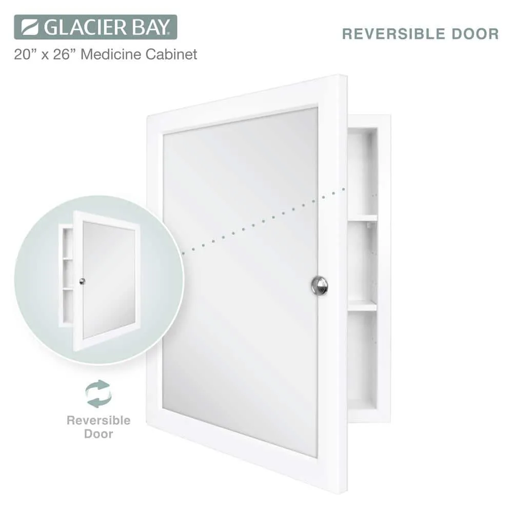 Glacier Bay 20 in. W x 26 in. H Rectangular Framed Recessed or Surface-Mount Bathroom Medicine Cabinet with Mirror, White, photo 6 of 11