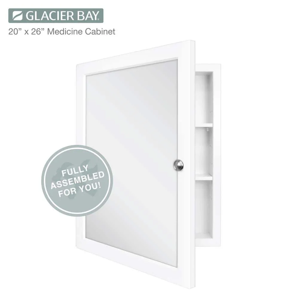 Glacier Bay 20 in. W x 26 in. H Rectangular Framed Recessed or Surface-Mount Bathroom Medicine Cabinet with Mirror, White, photo 7 of 11