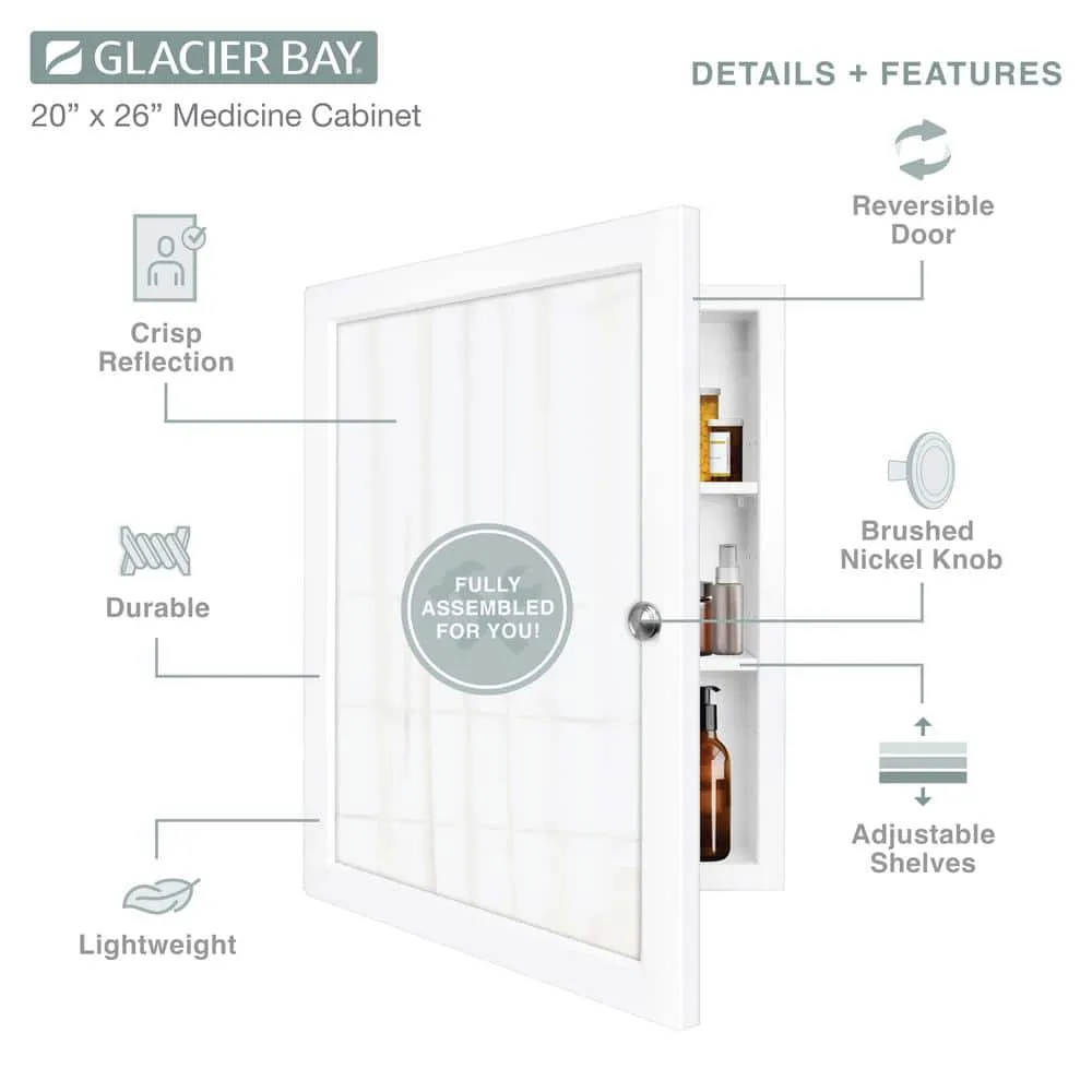 Glacier Bay 20 in. W x 26 in. H Rectangular Framed Recessed or Surface-Mount Bathroom Medicine Cabinet with Mirror, White, photo 4 of 11