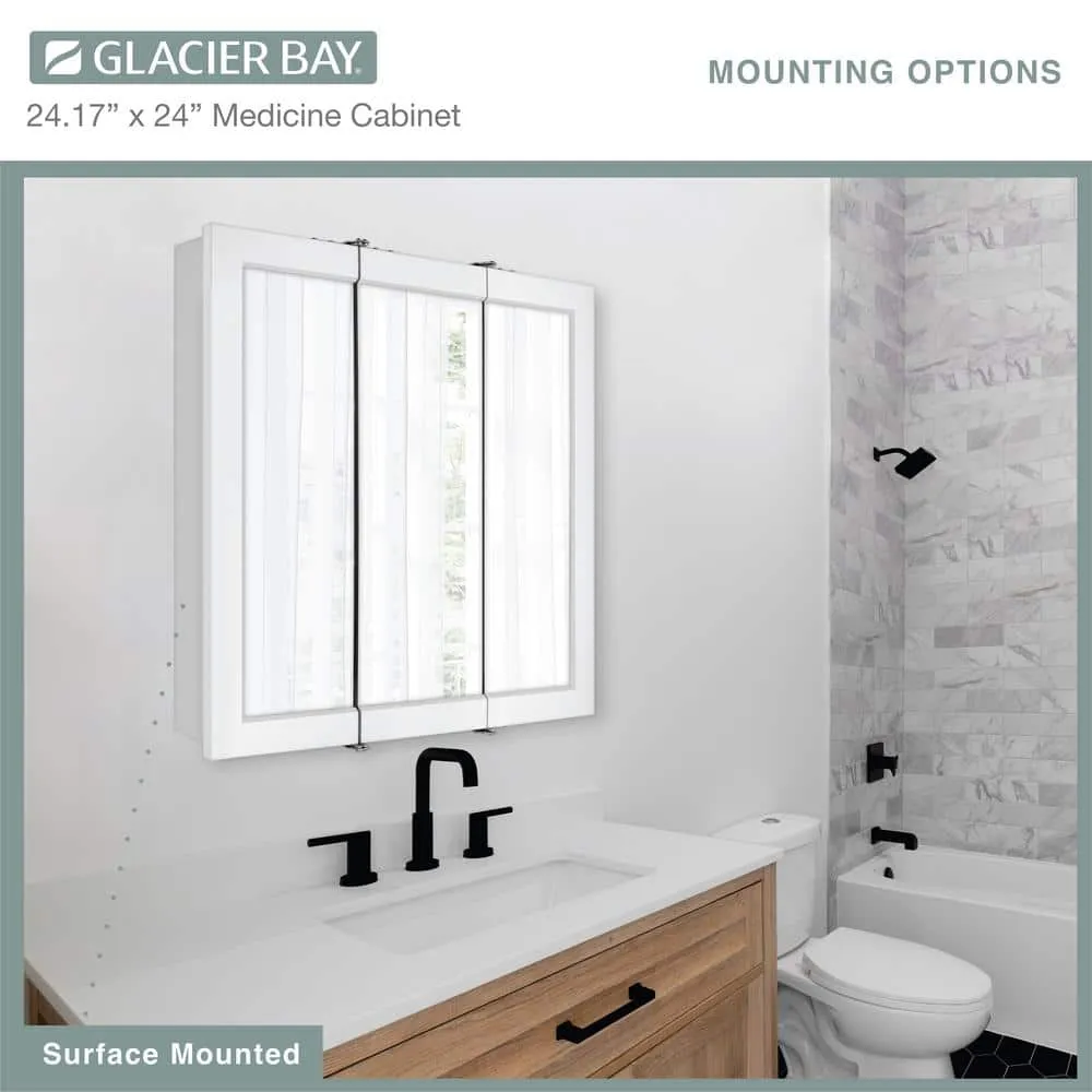 Glacier Bay 24-3/16 in. W x 24 in. H Framed Surface-Mount Tri-View Bathroom Medicine Cabinet with Mirror, White, photo 5 of 11