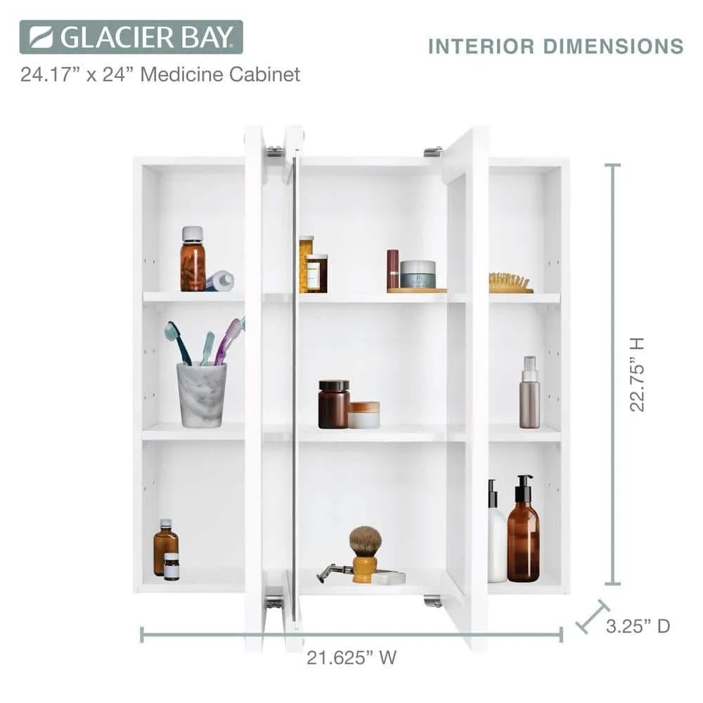 Glacier Bay 24-3/16 in. W x 24 in. H Framed Surface-Mount Tri-View Bathroom Medicine Cabinet with Mirror, White, photo 3 of 11