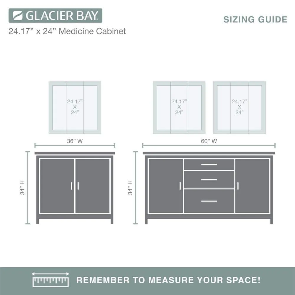 Glacier Bay 24-3/16 in. W x 24 in. H Framed Surface-Mount Tri-View Bathroom Medicine Cabinet with Mirror, White, photo 11 of 11