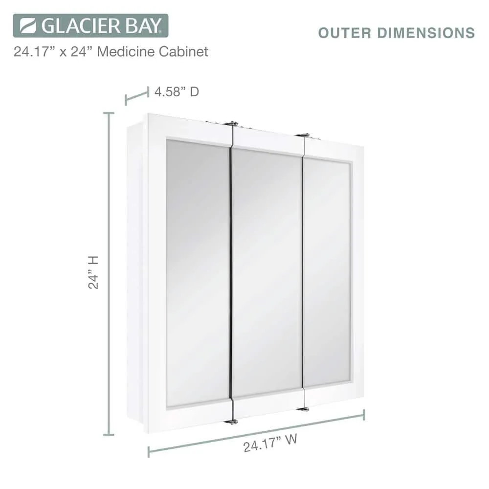 Glacier Bay 24-3/16 in. W x 24 in. H Framed Surface-Mount Tri-View Bathroom Medicine Cabinet with Mirror, White, photo 9 of 11