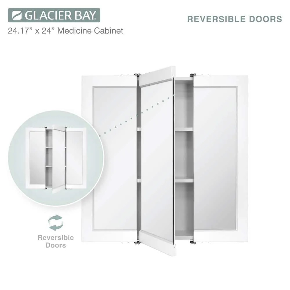 Glacier Bay 24-3/16 in. W x 24 in. H Framed Surface-Mount Tri-View Bathroom Medicine Cabinet with Mirror, White, photo 6 of 11