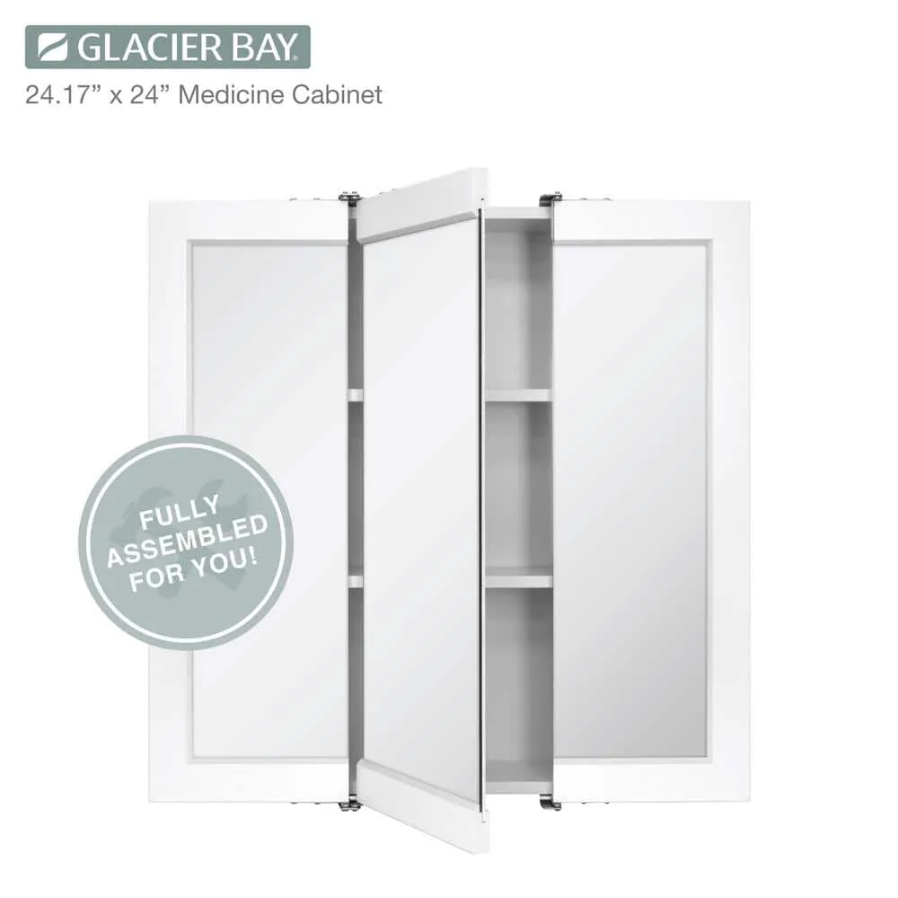 Glacier Bay 24-3/16 in. W x 24 in. H Framed Surface-Mount Tri-View Bathroom Medicine Cabinet with Mirror, White, photo 7 of 11