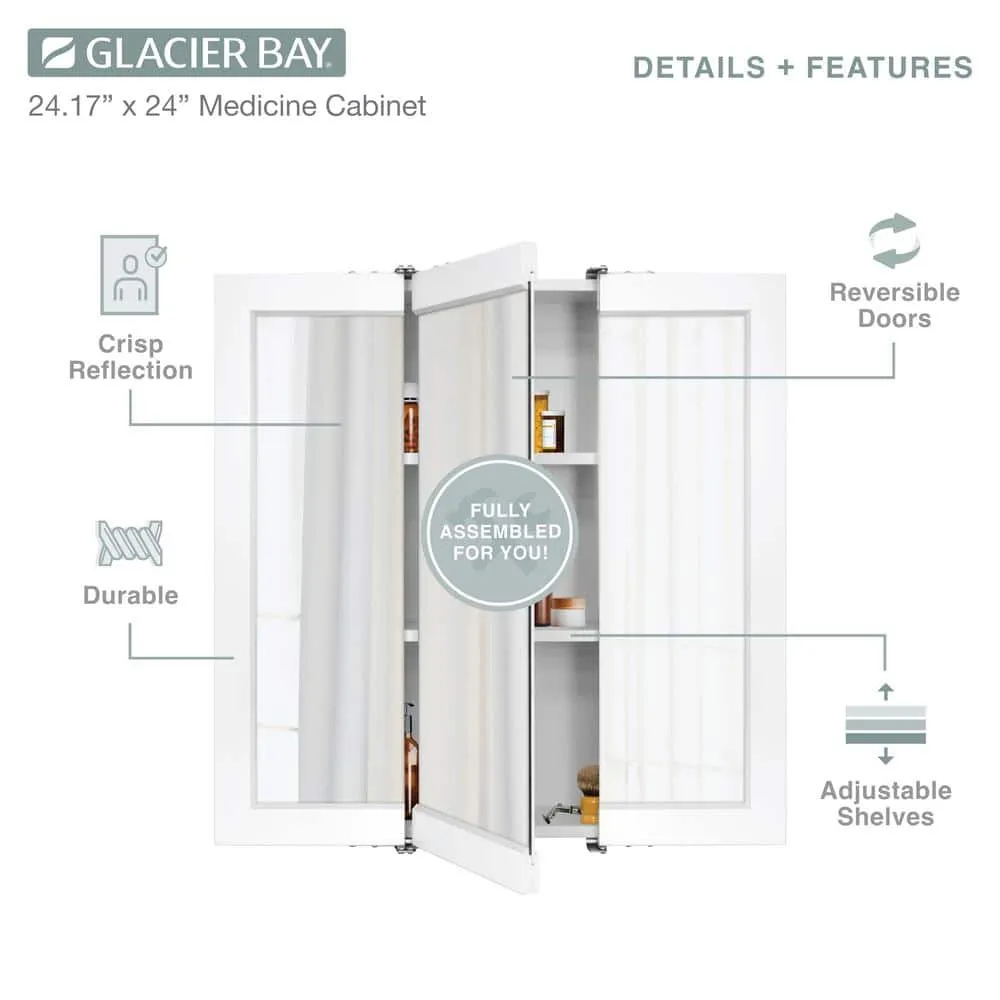 Glacier Bay 24-3/16 in. W x 24 in. H Framed Surface-Mount Tri-View Bathroom Medicine Cabinet with Mirror, White, photo 4 of 11