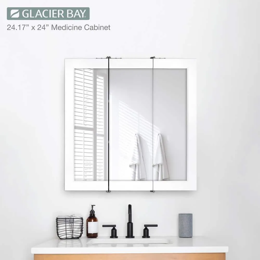 Glacier Bay 24-3/16 in. W x 24 in. H Framed Surface-Mount Tri-View Bathroom Medicine Cabinet with Mirror, White, photo 2 of 11