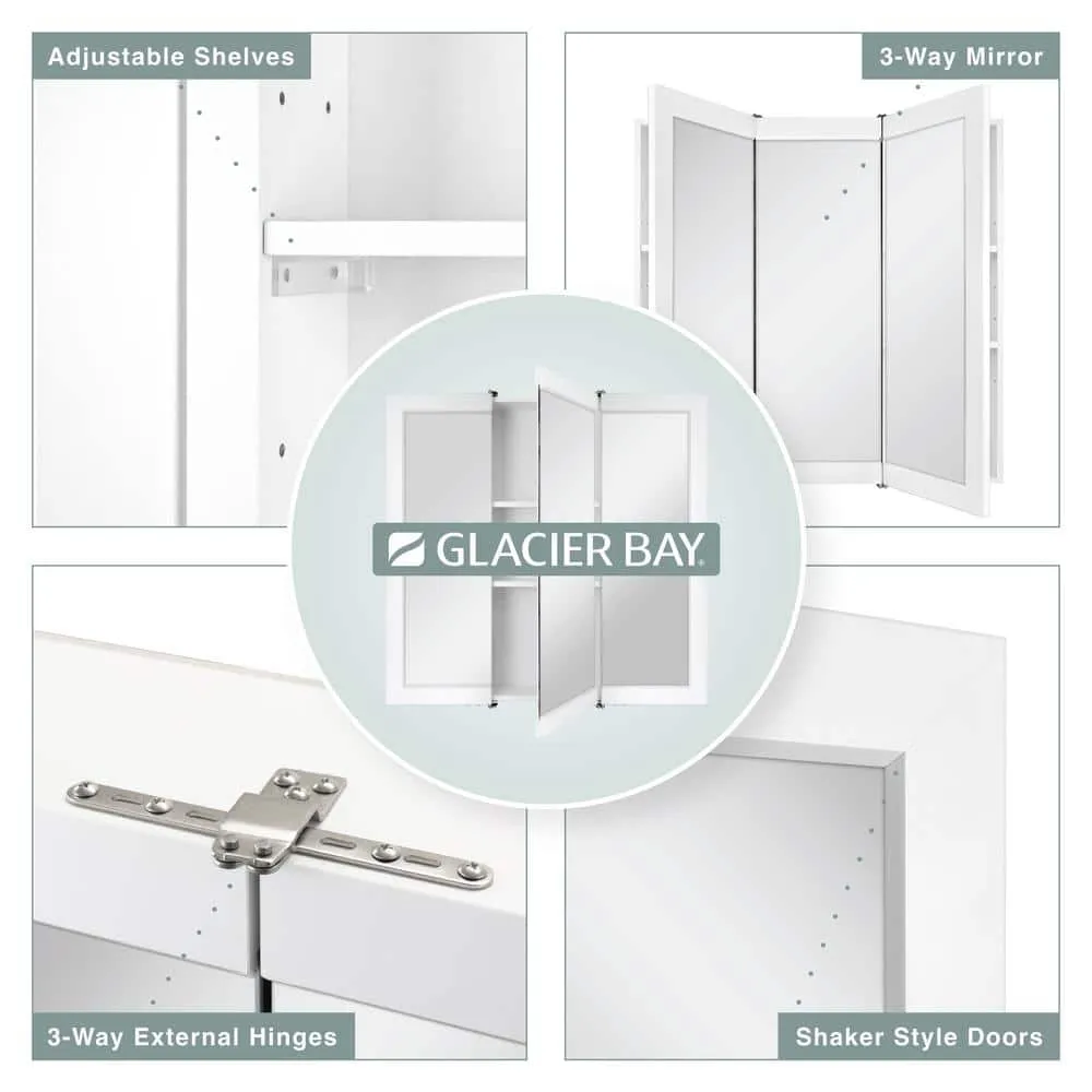 Glacier Bay 30-3/16 in. W x 29 in. H Framed Surface-Mount Tri-View Bathroom Medicine Cabinet with Mirror, White, photo 10 of 11
