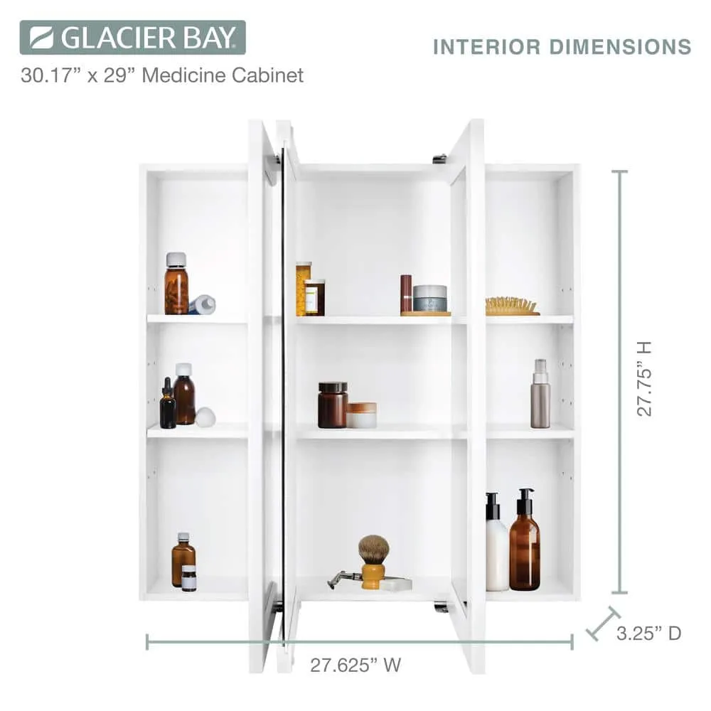 Glacier Bay 30-3/16 in. W x 29 in. H Framed Surface-Mount Tri-View Bathroom Medicine Cabinet with Mirror, White, photo 3 of 11