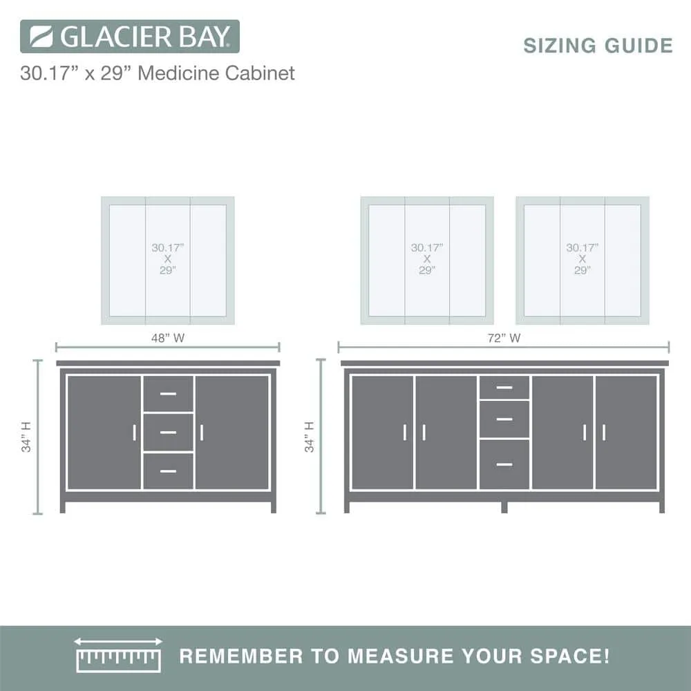 Glacier Bay 30-3/16 in. W x 29 in. H Framed Surface-Mount Tri-View Bathroom Medicine Cabinet with Mirror, White, photo 11 of 11
