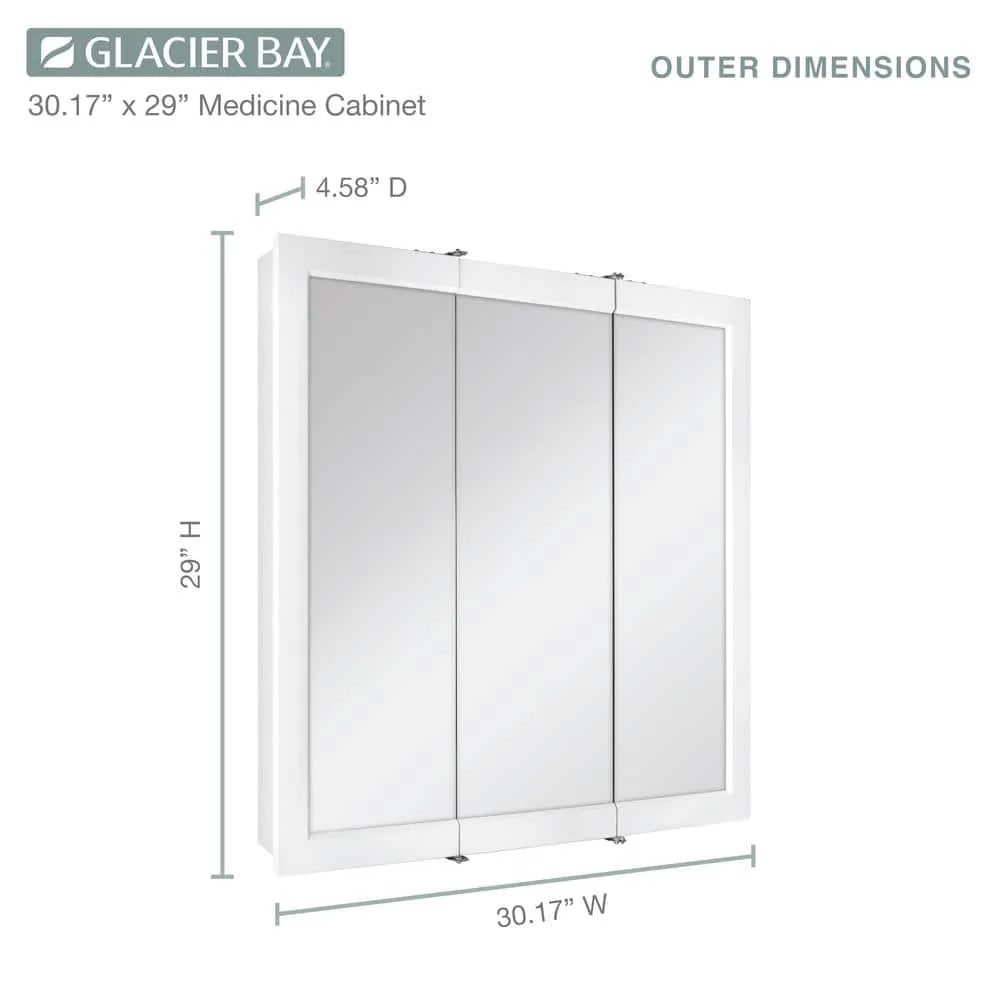 Glacier Bay 30-3/16 in. W x 29 in. H Framed Surface-Mount Tri-View Bathroom Medicine Cabinet with Mirror, White, photo 9 of 11