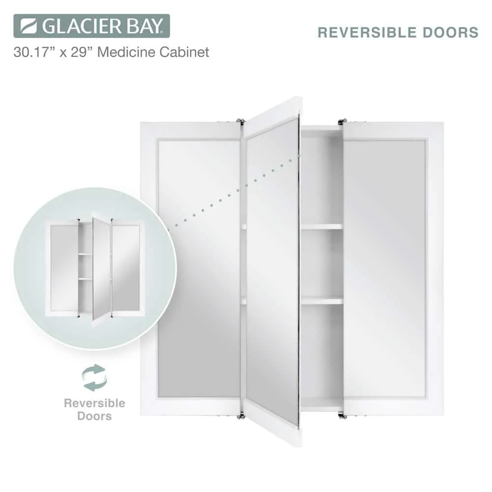 Glacier Bay 30-3/16 in. W x 29 in. H Framed Surface-Mount Tri-View Bathroom Medicine Cabinet with Mirror, White, photo 6 of 11