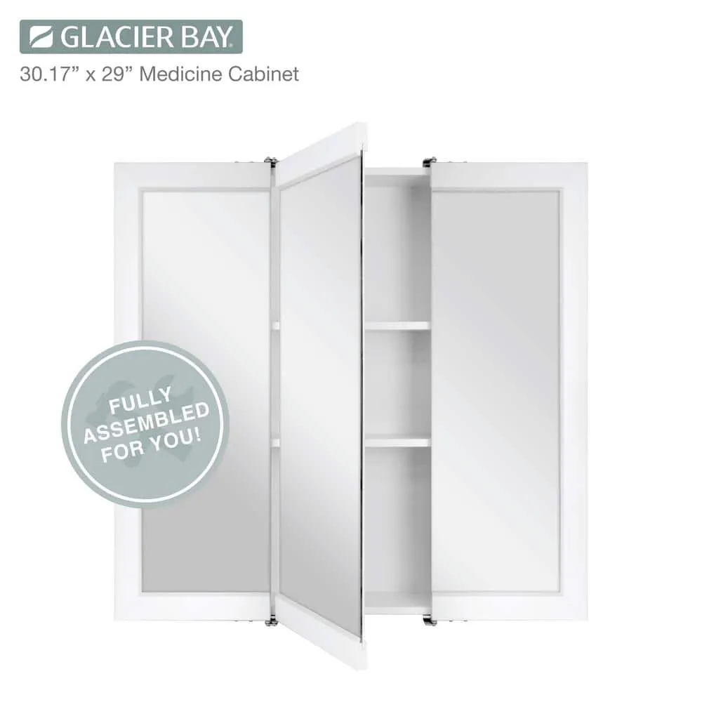 Glacier Bay 30-3/16 in. W x 29 in. H Framed Surface-Mount Tri-View Bathroom Medicine Cabinet with Mirror, White, photo 7 of 11