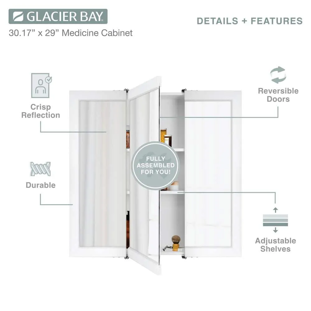 Glacier Bay 30-3/16 in. W x 29 in. H Framed Surface-Mount Tri-View Bathroom Medicine Cabinet with Mirror, White, photo 4 of 11