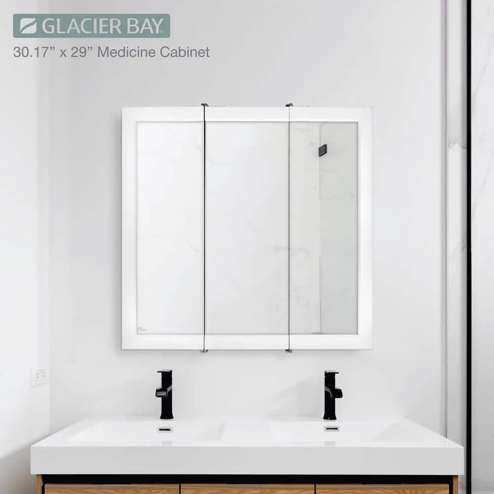 Glacier Bay 30-3/16 in. W x 29 in. H Framed Surface-Mount Tri-View Bathroom Medicine Cabinet with Mirror, White, photo 2 of 11