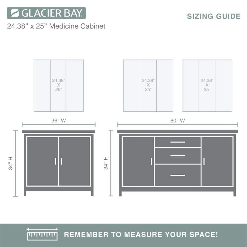 Glacier Bay 24.4 in. W x 25.2 in. H Rectangular Medicine Cabinet with Mirror in Silver with Adjustable Shelves, photo 11 of 12