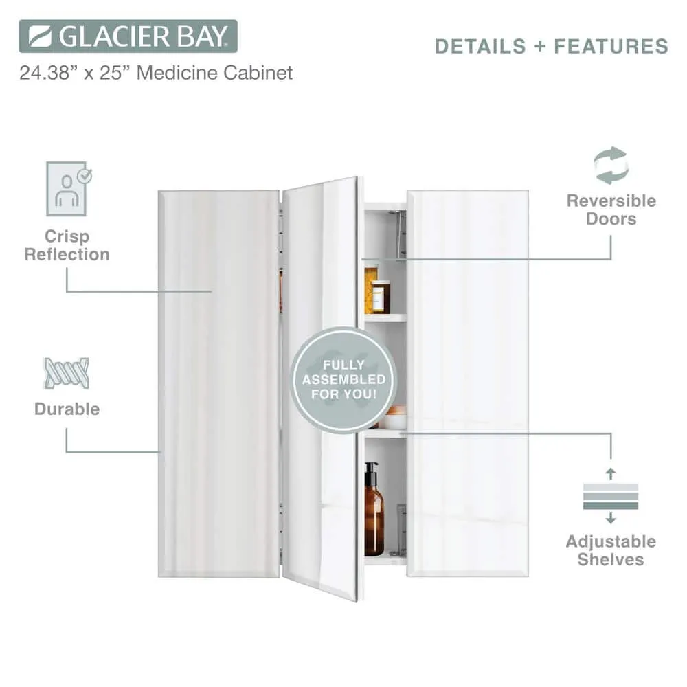 Glacier Bay 24.4 in. W x 25.2 in. H Rectangular Medicine Cabinet with Mirror in Silver with Adjustable Shelves, photo 9 of 12