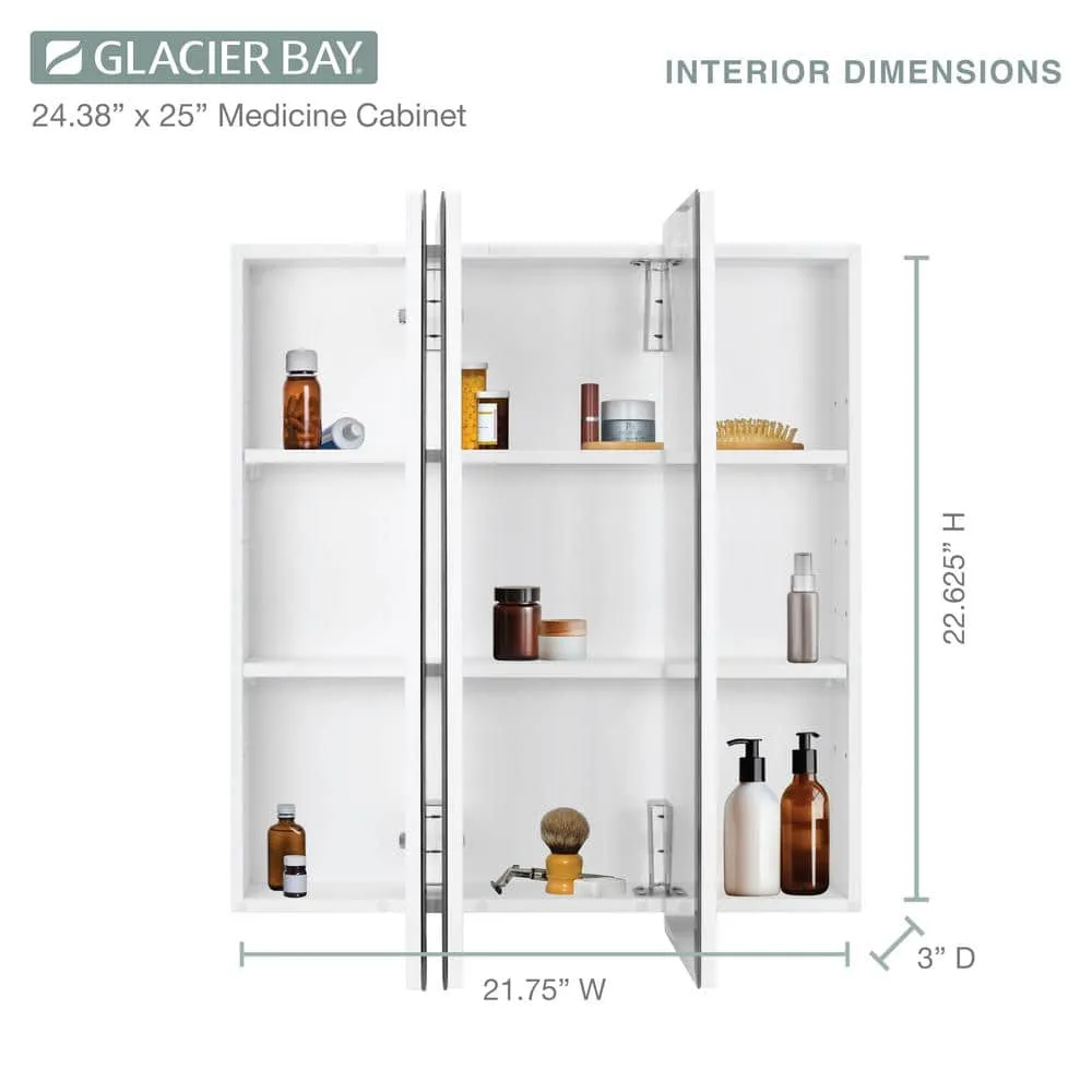 Glacier Bay 24.4 in. W x 25.2 in. H Rectangular Medicine Cabinet with Mirror in Silver with Adjustable Shelves, photo 6 of 12