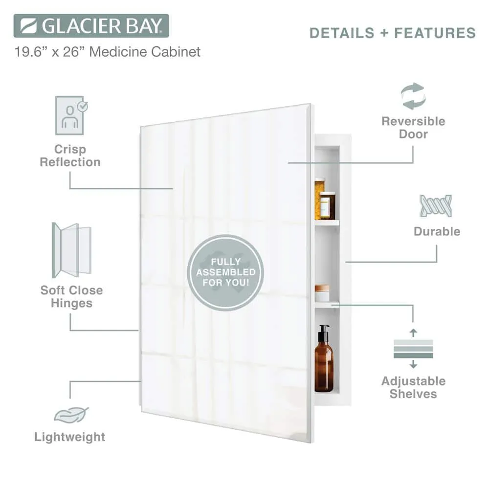 Glacier Bay 19-5/8 in. x 26 in. Rectangular Recessed or Surface Mount Beveled Frameless Medicine Cabinet with Mirror, photo 9 of 14