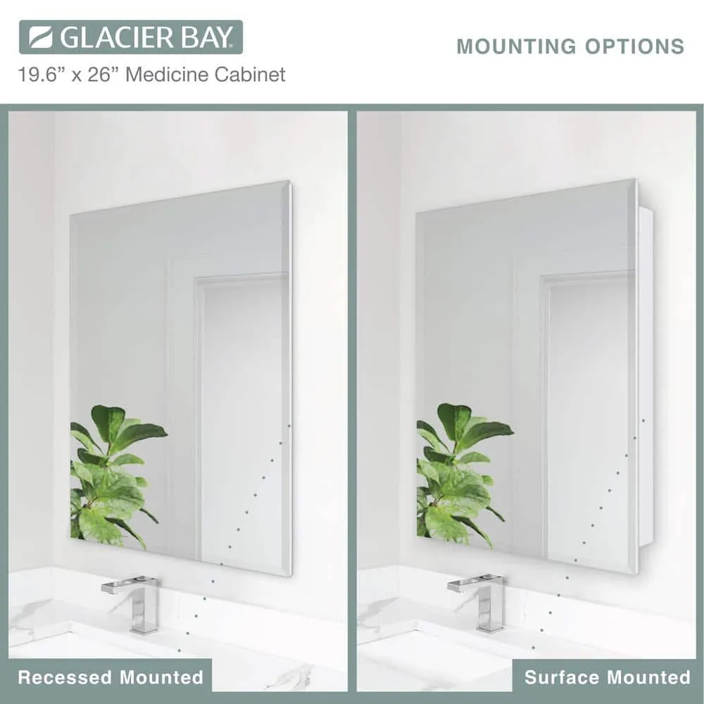 Glacier Bay 19-5/8 in. x 26 in. Rectangular Recessed or Surface Mount Beveled Frameless Medicine Cabinet with Mirror, photo 8 of 14