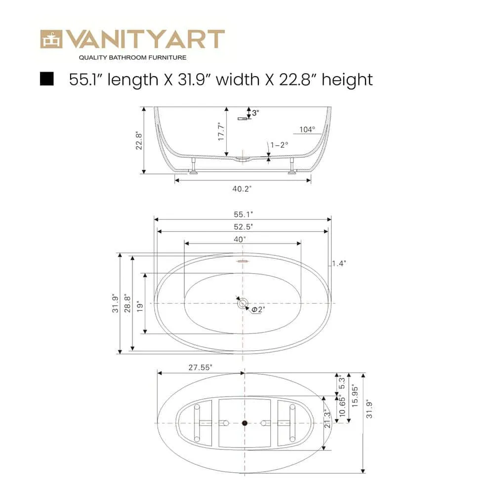Vanity Art Calais 55 in. L x 32 in. W Acrylic Flatbottom Freestanding Bathtub with Center Drain in White/Integrated Overflow, photo 9 of 11