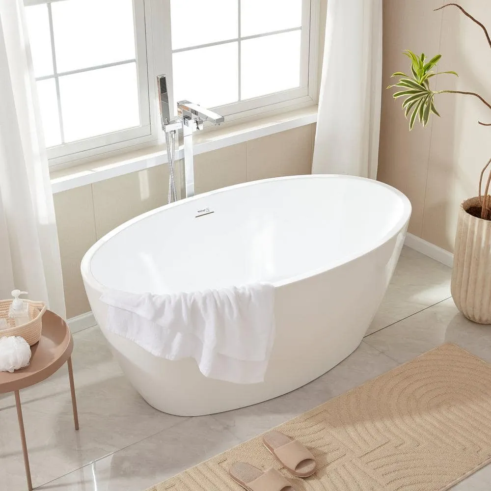 Vanity Art Calais 55 in. L x 32 in. W Acrylic Flatbottom Freestanding Bathtub with Center Drain in White/Integrated Overflow, photo 7 of 11