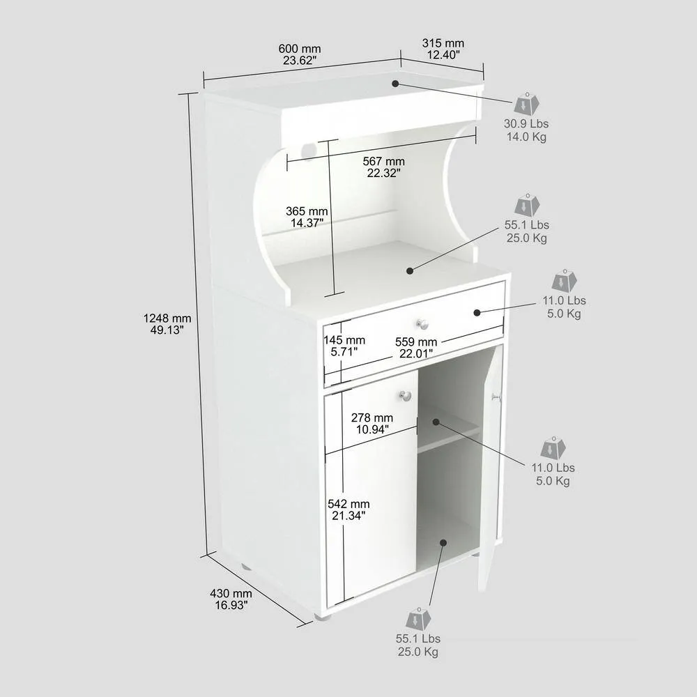 Inval Galley Ready to Assemble 23.6 in. W x 17.1 in. D x 50 in. H Microwave Storage Utility Cabinet in White, photo 7 of 8