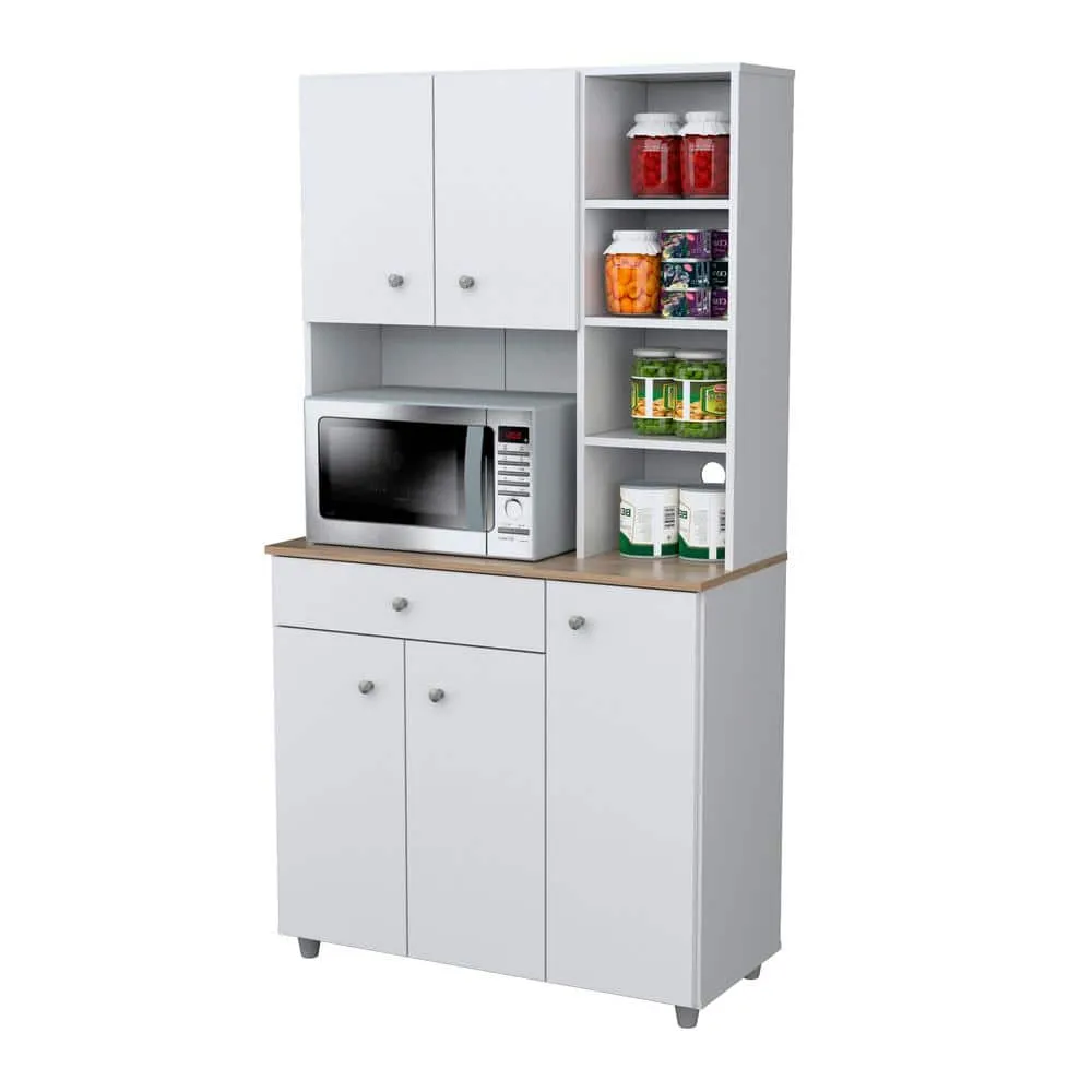Inval 35.1 in. W x 66.1 in. H x 15.5 in. D Microwave Storage Utility Cabinet in White and Maple with 5 Doors and 10 shelves, photo 3 of 9