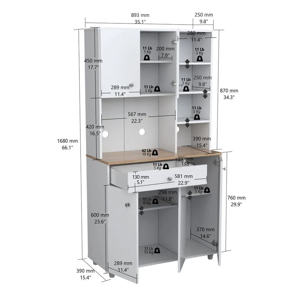 Inval 35.1 in. W x 66.1 in. H x 15.5 in. D Microwave Storage Utility Cabinet in White and Maple with 5 Doors and 10 shelves, photo 7 of 9