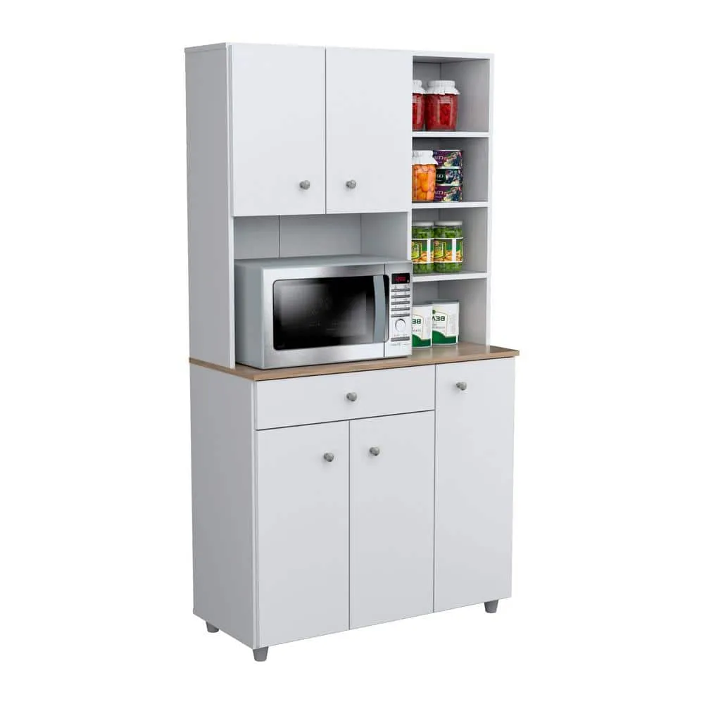 Inval 35.1 in. W x 66.1 in. H x 15.5 in. D Microwave Storage Utility Cabinet in White and Maple with 5 Doors and 10 shelves, photo 2 of 9