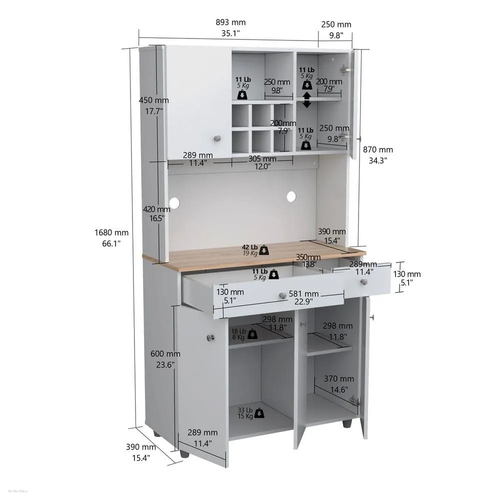 Inval 35.10 in. W x 15.50 in. D x 66.10 in. H Ready to Assemble 5 Door Microwave Storage Utility Cabinet in White and Maple, photo 6 of 8
