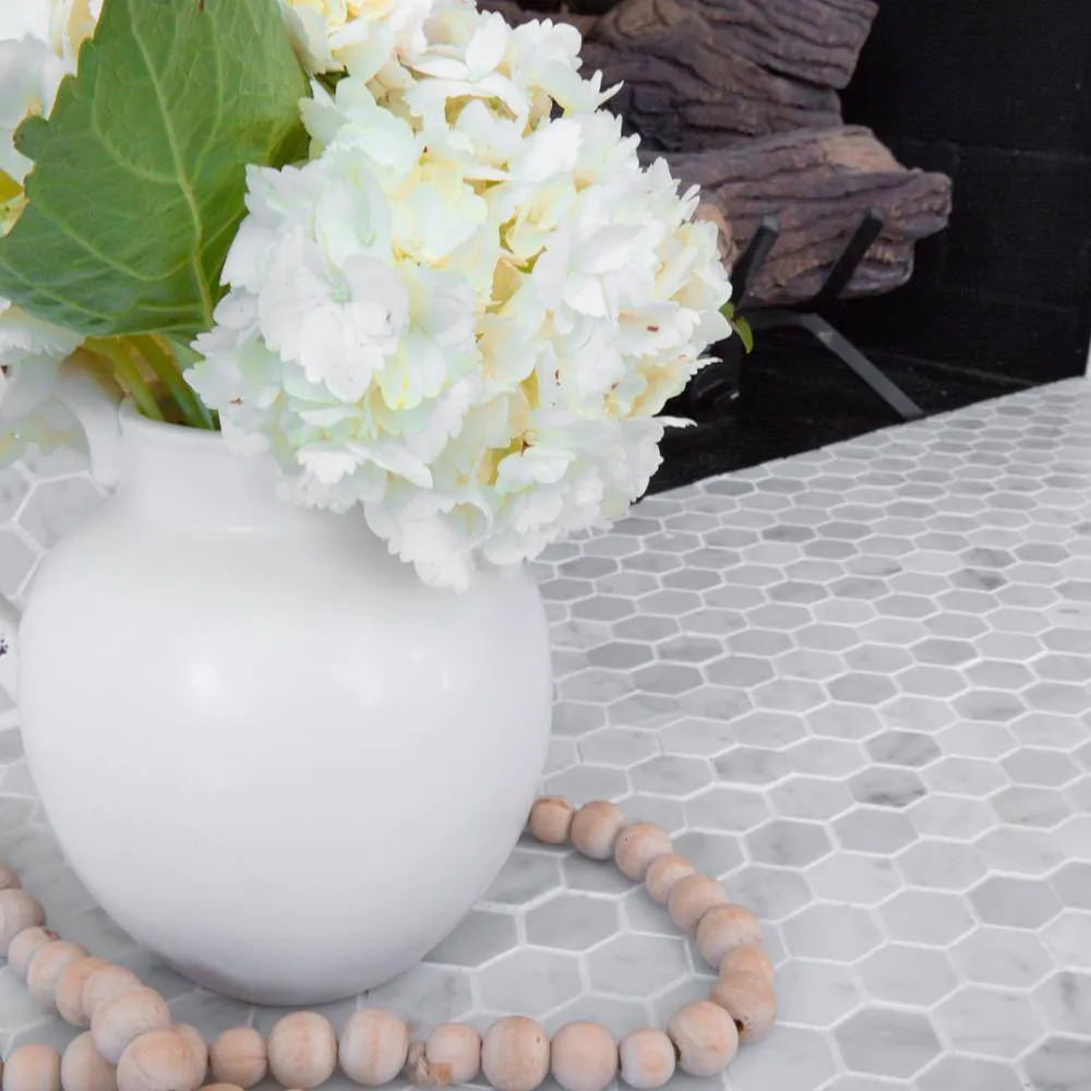 Jeffrey Court Carrara Constellation White 10.75 in. x 11.375 in. x 8 mm Hexagon Honed Marble Wall and Floor Mosaic Tile, photo 6 of 6