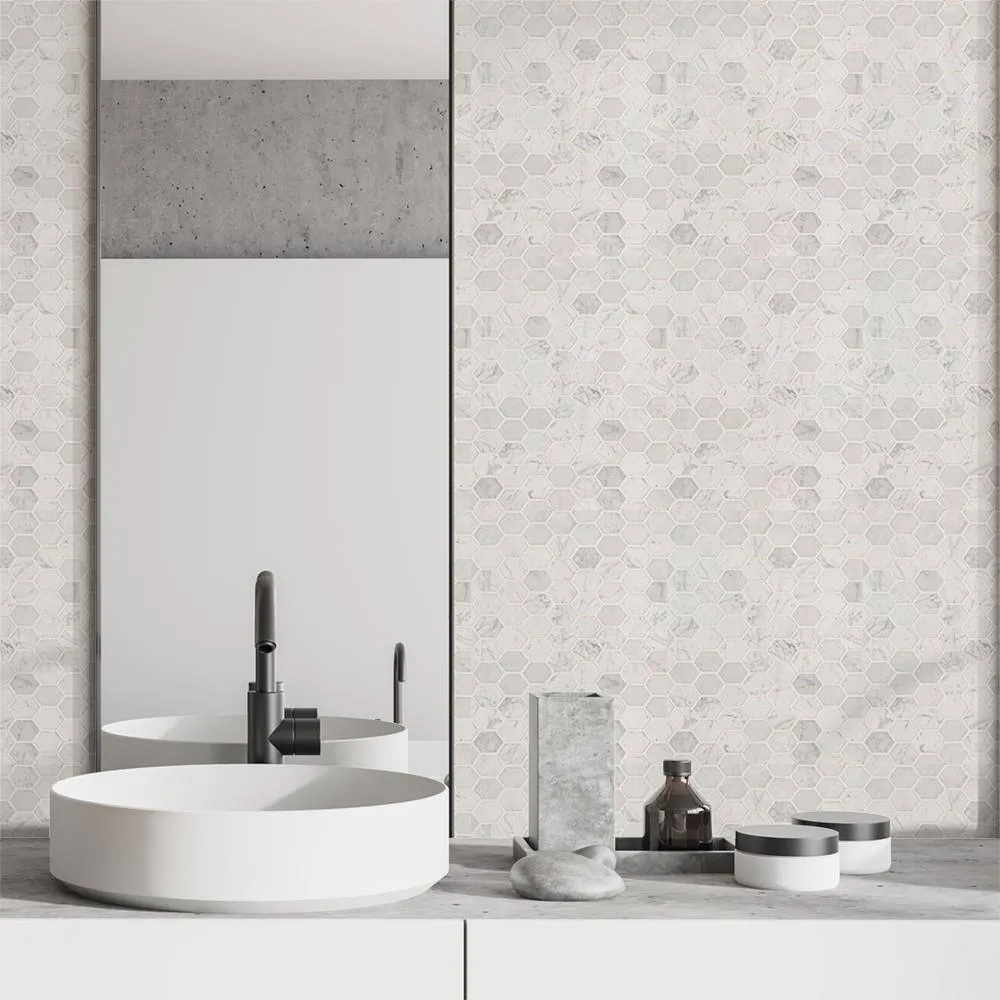 Jeffrey Court Carrara Constellation White 10.75 in. x 11.375 in. x 8 mm Hexagon Honed Marble Wall and Floor Mosaic Tile, photo 5 of 6