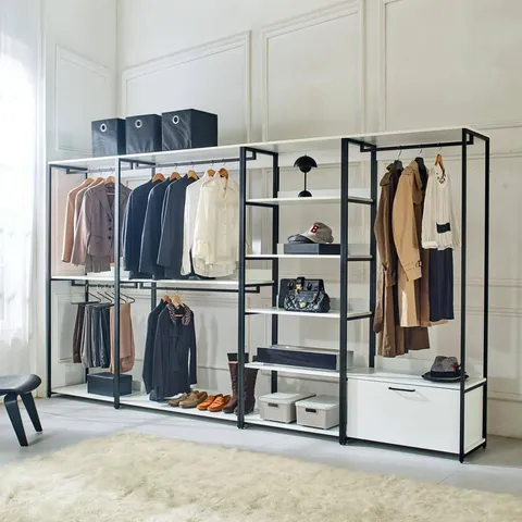 Fiona 143 in. W White Freestanding Walk in Wood Closet System with Metal Frame