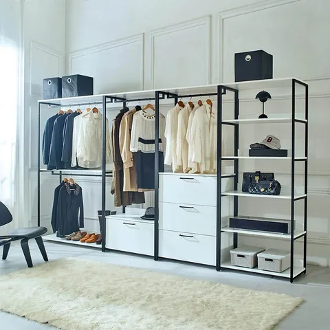 Fiona 143 in. W White Freestanding Walk in Wood Closet System with Metal Frame