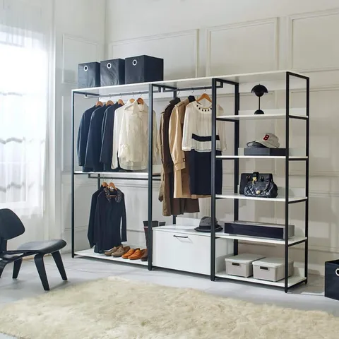 Fiona 111 in. W White Freestanding Walk in Wood Closet System with Metal Frame