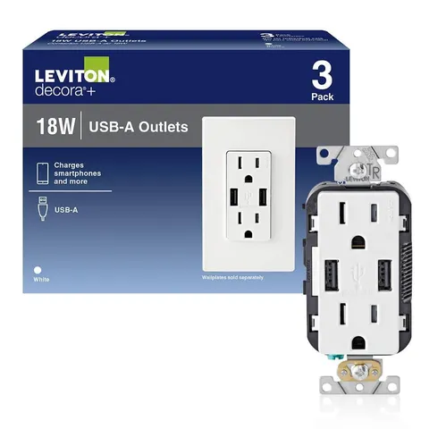 15A Decora TR Duplex Outlet w/ Dual USB-A Charger, 3-Pack