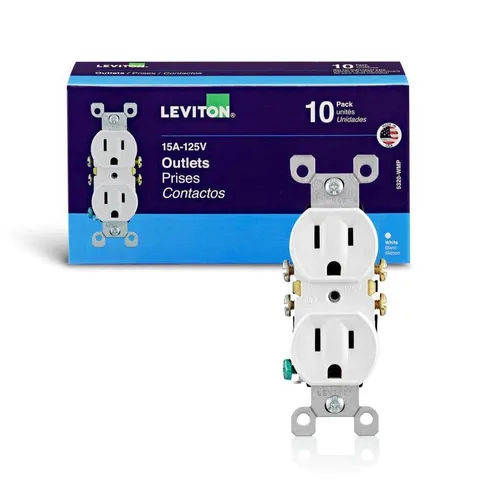 15A Residential Grounding Duplex Outlet, White, 10-Pack
